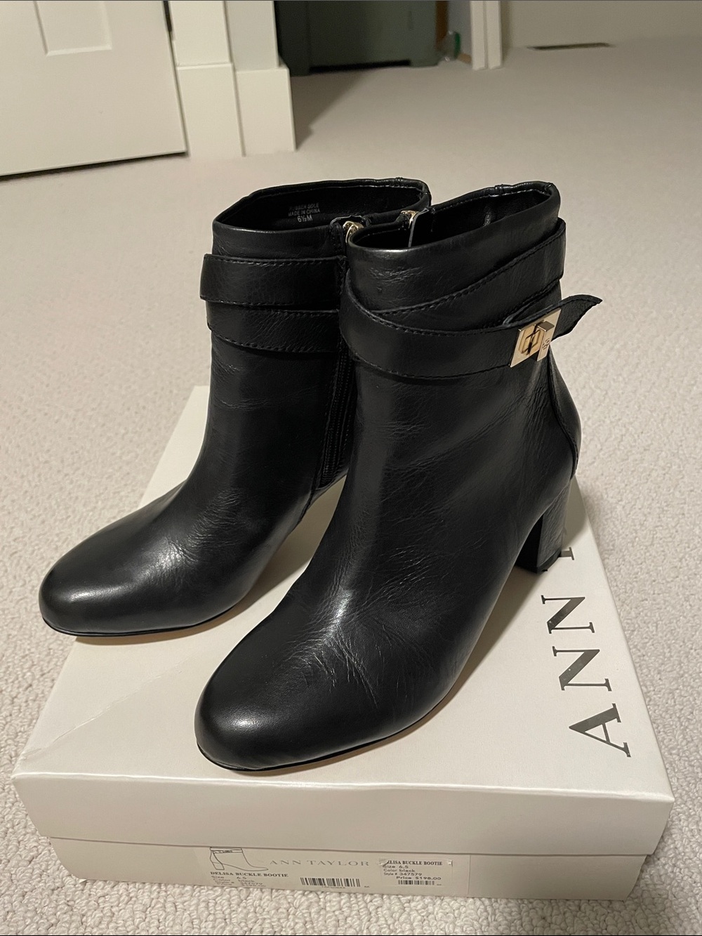 Ann Taylor Black Leather Ankle Booties with Gold Buckle